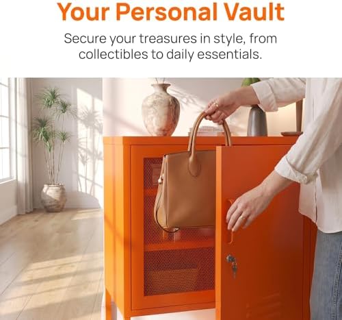 Orange Lockable Mesh & Metal Door Storage Cabinet, 3-Tier Heavy Duty Steel Locker with 2 Adjustable Shelves, Accent Cabinet for Living Room, Home Office, 33" H x 29.5" W x 13.8" D
