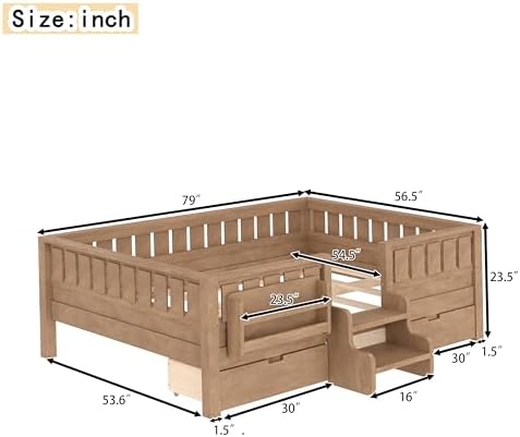 Bellemave Full Size Bed Frame with Storage Drawers & Bookshelf, Low Profile Kids Bed with Staircase & Full Length Guardrails, Solid Wood Full Size Bed Frame Kids with Slats Load 450 LBS, Oak Brown