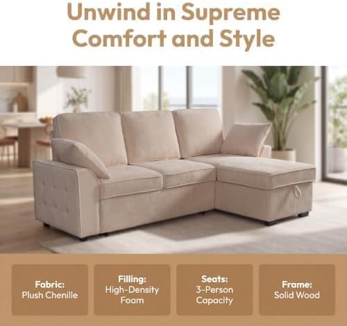 L‑Shaped Queen Pull Out Sleeper Sofa Bed with Storage Chaise, Beige