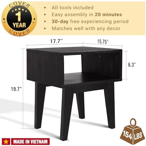 Acacia Serena Nightstand Solid Wood Nightstand with Open Storage Shelf, Wood Bedside Table, Night Stands for Bedroom - Black