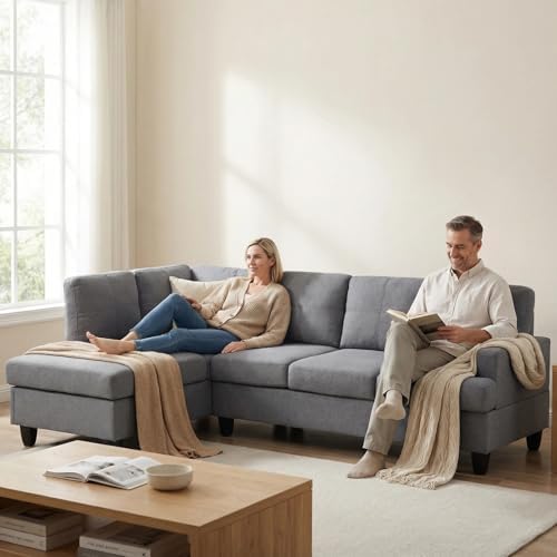 L-Shape Breathable Fabric Sectional Couch, 2-Piece Sofa Set for Living Room, Modern Linen-Style Upholstered Couch Set with Solid Wood Frame and Comfortable Spring Support, Light Grey