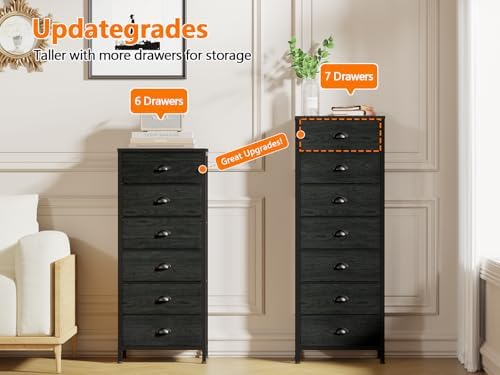 Black Bedroom Dresser, Tall Chests of Drawers with 7 Fabric Bins