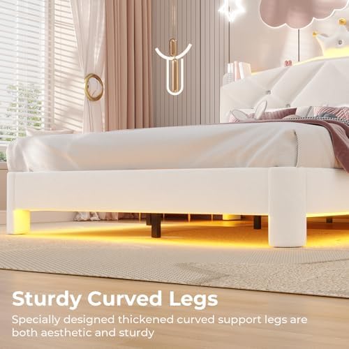 MSmask Twin Bed Frame with LED Lights, Princess Upholstered Bed with Headboard with Charging Station & Crystal Button & Crown, Velvet Platform Bed for Girls, Solid Wood Slats, Curved Legs, Cream White