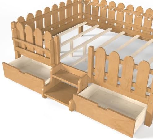 Bellemave Queen Size Platform Bed with Storage Drawers & Bookshelf for Boys Girls, Kids Queen Bed Frame with LED Lights & Stairs for Children's Room, Natural