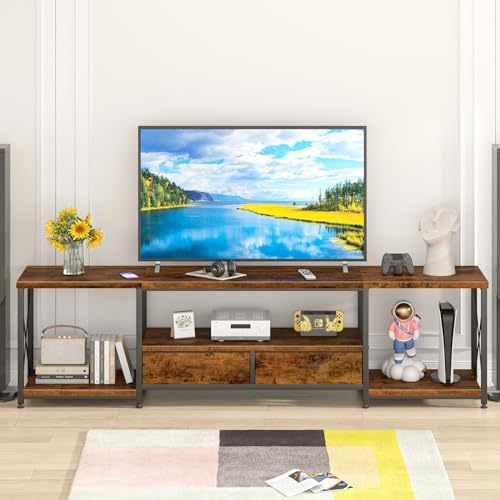 GYIIYUO TV Stand with Fabric Drawers for 80 85 Inches TV - Entertainment Center and Industrial TV Console Table with Open Storage Shelves for Living Room, Bedroom- 79.1" Rustic Brown