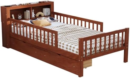 Bellemave Kids Twin Bed Frame with Fences, 2 Drawers & Storage Headboard, Twin Size Platform Bed with 3-Side Guardrails for Kids, Girls & Boys, Walnut