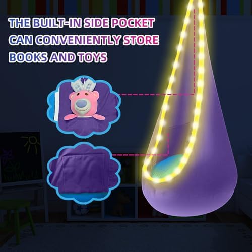 Light Up Kids Pod Swing, Cotton Hammock w/LED, Indoor Outdoor Deep Purple