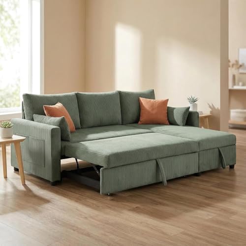 Queen Sleeper Sofa, Convertible Sofa Bed with Storage, 85 Inch Sectional Couch with Pull Out Bed, L Shaped 3 Seat Sectional Sleeper Sofa for Living Room, Apartment, Green
