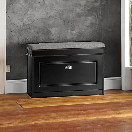 Haotian Shoe Storage Bench with Cushion, Black Narrow Shoe Rack for Entryway, Small Shoe Cabinet with Flip-Drawer, Closet Hallway Mudroom FSR82-L-SCH