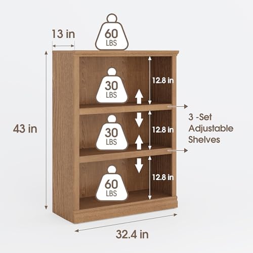 43 Inch Tall Oak Bookcase, 3-Tier Bookshelf Open Storage