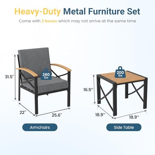 3-Piece Outdoor Patio Furniture Set for All-Weather, Heavy-Duty Metal Outside Furniture with Washable Thick Cushions, Patio Sectional with Coffee Table for Patio, Deck, Backyard, Garden, Grey