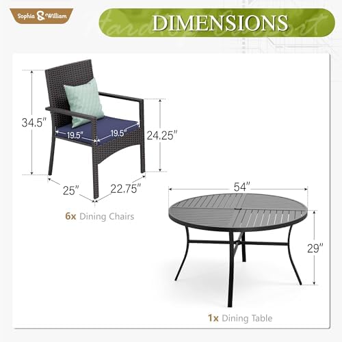 Sophia & William 7-Piece Patio Dining Set, Round Table, PE Wicker Chairs