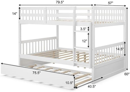 NAFORT Twin Over Twin Bunk Bed with Trundle, Solid Wood Bed Frame with Ladder & Safety Guardrails, Space Saving Bunk Bed for Kids Teens Adults Guest Room, Convertible Design, White