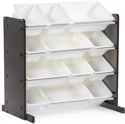 Humble Crew Toy Storage Organizer with 12 Removable Storage Bins for Kids Playroom, 4-Tier Toddler Toy Organization, Espresso/White
