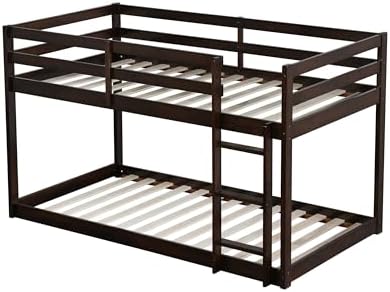 Merax Twin Over Twin Bunk Bed, Solid Rubber Wooden Twin Bunk Bed with Ladder, Espresso