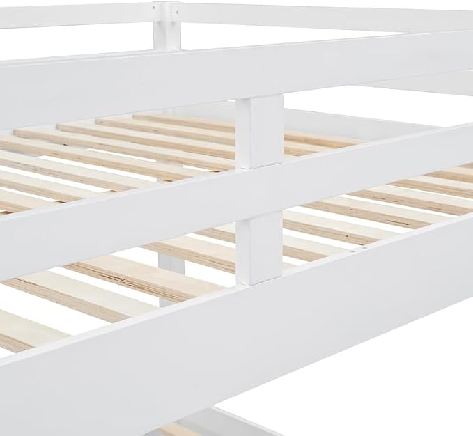 Merax Queen Size Bed with Trundle - Space-Saving Solid Wood Frame, Built-in Safety Rails and Ladderm, White