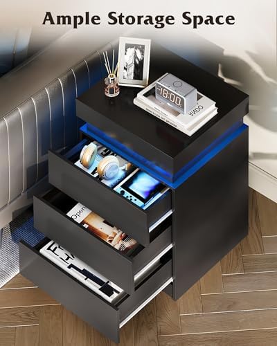 WLIVE Black Nightstand with Charging Station, Night Stand with Sliding Top