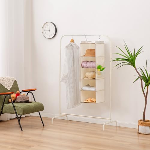 YOUDENOVA Hanging Closet Organizer and Storage for Clothes, 5-Shelf, Beige