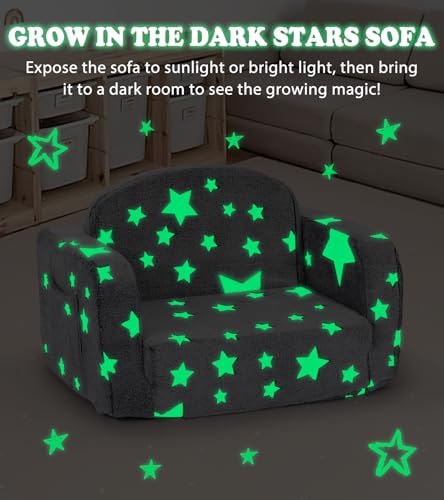 Kids Couch, 2-in-1 Soft Toddler Couch Fold Out with with Blanket and Cloud Pillow, Glow in The Dark, Toddler Chair Comfy, Convertible Sofa, Gifts for Kids Girl Boys, Medium Grey Star