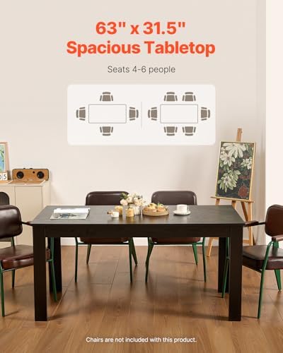VEVOR Rectangle Dining Table, 63 inch Length Large Wood Tables for 4-6 Person, Modern Dinner Furniture, Conference Desk Supporting for 330LBS, for Home Kitchen Living Room, Black(Only Table)
