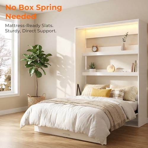 Vertical Queen Murphy Bed Wall with Storage&Gas-Lift(White)