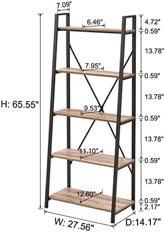Industrial 5 Tier Ladder Bookshelf, Wood and Metal Ladder Shelf Bookcase, Farmhouse Leaning Shelves for Living Room (Vintage Oak)