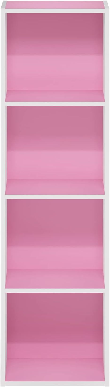 Furinno PASIR Book Shelf, 4-Tier Modern Bookshelf, Open Shelves Bookcase 9 x 12 x 42, Easy Assembly, for Living Room, Bedroom, Home Office, Pink/White