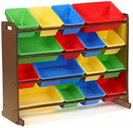 Humble Crew Toy Storage Organizer with 16 Removable Storage Bins for Kids Playroom, 4-Tier Toddler Toy Organization and Storage, Walnut/Primary