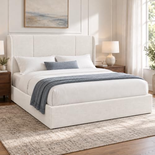 VELOCAVA Queen Lift-Up Storage Bed with Wingback Headboard, Cream White