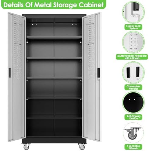 Reemoon Metal Garage Storage Cabinet with Wheels, Black and Silver