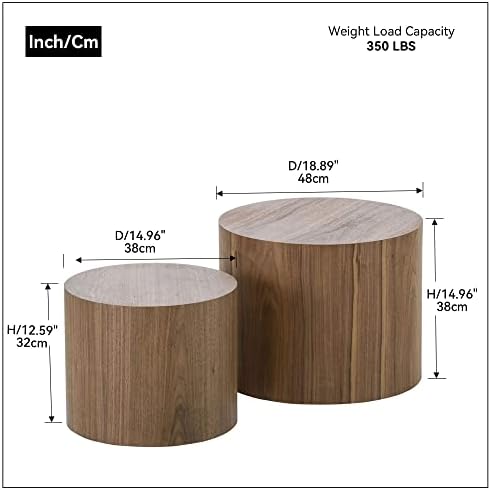 Modern Coffee Nesting Side End Table Set of 2, Small Round Circle Midcentury Bed Side for Living Room Bedroom Office (Walnut - Round)