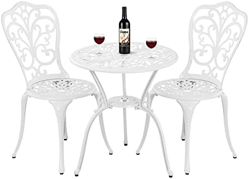 3 Piece Cast Aluminum Bistro Table and Chairs Set of 2 with Umbrella Hole Outdoor Bistro Set for Yard,Withe
