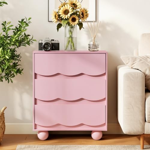 Pink Scalloped 3 Drawer Nightstand Set of 2 for Bedroom Dorm