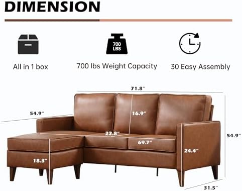 Faux Leather L Shaped Couch with Solid Wood Feet, 3-Seater Sofa with Reversible Chaise for Apartment, Sectional Couches for Living Room, Brown