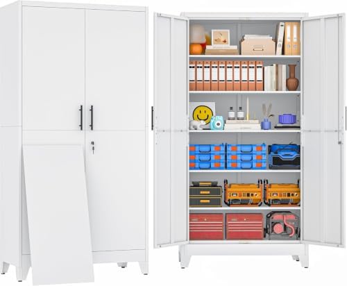 79" Metal Storage Locker Cabinet with Lock and 5 Adjustable Shelves,Steel Lockable Garage Tool Cabinet, File Cabinet,Kitchen Pantry Cabinet for Home,Office,Garage,School,Warehouse White