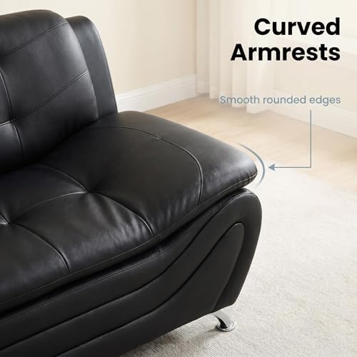 Modern Faux Leather Sofa – 3-Seater Couch with Chrome Legs, Tufted Back & Curved Base – Contemporary Lounge for Living Room, Home Office & Reception Area (Black)