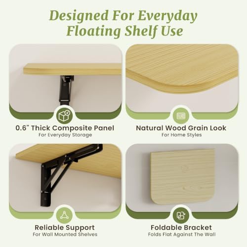IAE 16 Inch Fold Natural Floating Wall Shelves,12 Inch Deep Wood Wall Shelf