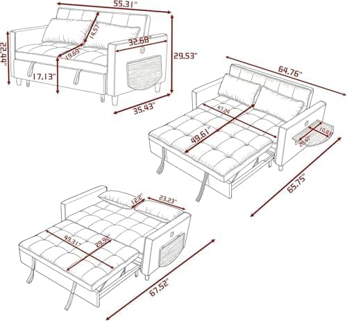 4 in 1 Convertible Sofa Bed, Pull Out Couch with Adjustable Backrest, Loveseat Sleeper Sofa Bed with USB Ports and Side Table, Couch Beds for Living Room, Bedroom, Apartment, Green
