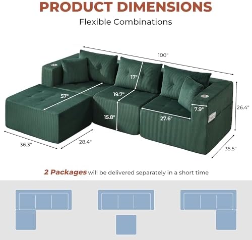 100" L Shaped Modular Sectional Sofa, Oversized 4-Seater Boneless Tufted Cloud Couch with Cup Holder and Movable Ottoman, Corduroy Upholstery Couches for Living Room, No Assembly Green