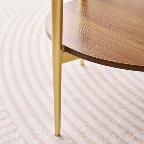 D18in Round Glass End Table, Mid-Century Modern Design Side Table for Living Room, D18xH23inch, Amber Glass and Walnut MDF Wood, Conical Legs with Gold Finish Frame