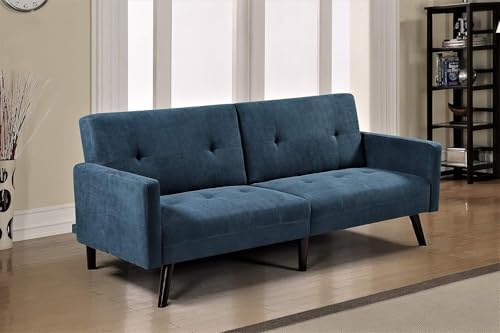 Container Furniture Direct Hasano 79" Sleeper Sofa Bed - Reclining Convertible to Full Bed - Tufted Linen Upholstery, Wooden Legs - Space-Saving Sofa Bed(79" L x 33" W x 33" H), Blue