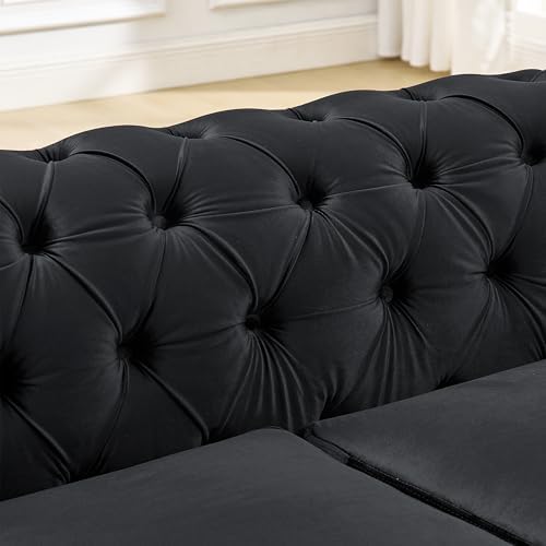 3-Piece Luxury Chesterfield Sofa Set with 1 Oversized Velvet 3-Seater Sofa & 1 Loveseat & 1 Single Sofa, 6-Seater Couch Set with 6 Pillow and Gold Stainless Decoration, for Living Room, Black