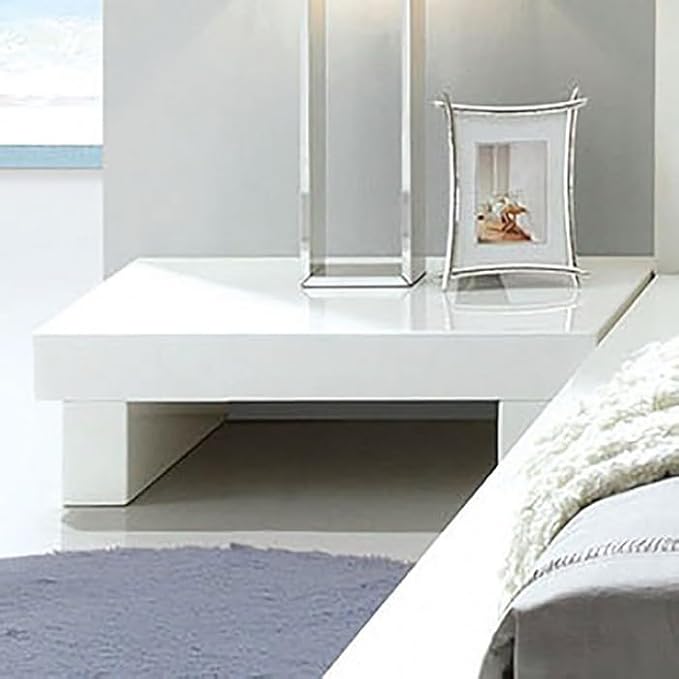 First of a Kind Queen Size Contemporary Bedroom Furniture 4 Piece Set in White - Low Profile Bed, Padded Headboard & High Gloss Finish - Bed, Dresser, Mirror & Nightstand Set