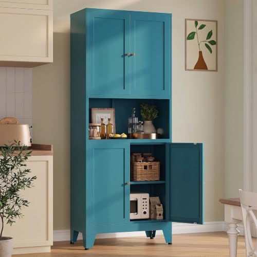 Metal Pantry Cabinet, Tall Kitchen Cabinet with 4 Doors & Adjustable Shelves,69" Blue Freestanding Storage Cabinets with Microwave Stand Cupboard for Living Room,Dining Room,Home