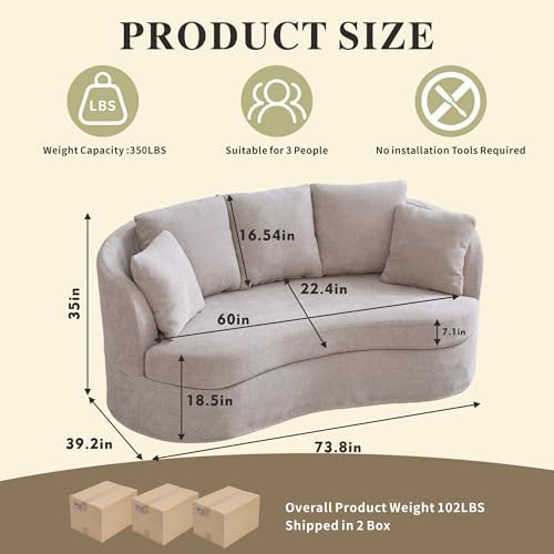 Chifee & Vingol 73" Modern Curved Sofa 3 Seater Comfy Cloud Couch Deep Seat Upholstered Sofa with Removable Cover for Living Room,Taupe