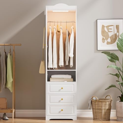 Armoire Wardrobe Closet, Updated 15.7" W White Bedroom Armoires Cabinet with Mirror Door and 3 Drawers, 69.5" H Clothing Storage Cabinet with Hanging Rod & Sensor Light for Bedroom-Left