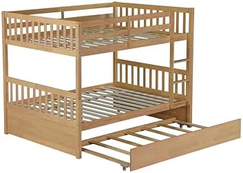 Harper & Bright Designs Convertible Wood Full-Over-Full Bunk Bed with Trundle and Ladder - Can Be Divided Into Two Platform Beds, White Oak