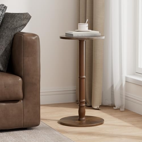 Round Side Table with Solid Wood Pillar, Small Drink Table