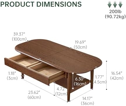 100% Solid Oak Wood Coffee Table with Storage for Living Room, 39.37"W