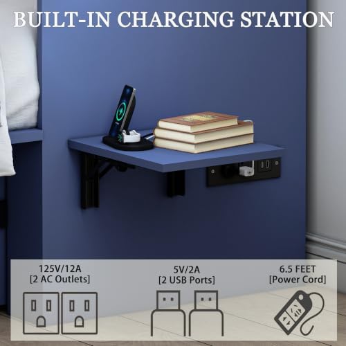 Queen Murphy Bed with Charging Station, Farmhouse Noisy-Free Foldable Cabinet Bed Frame with Storage Drawer, Space Saving Hideaway Wall Bed for Guest Bedroom, Living Room, Office, Blue